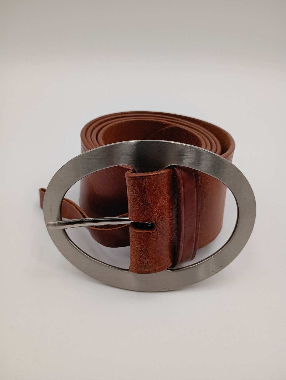 Vintage Via Spiga Cognac Italian Leather Wide Belt Large Silver Oval Buckle 90s